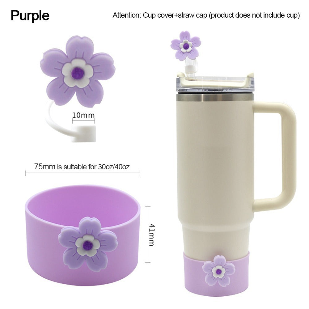 Wholesale Selling silicone insulated cup sleeves flower-decorated cup holders straw caps