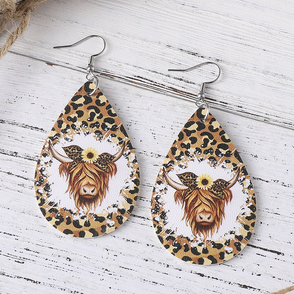 Wholesale Western cowboy double-sided PU leather water drop leopard print earrings