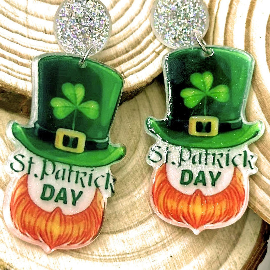 Wholesale St.  Patrick' s Day Green Shamrock Hat Cartoon Acrylic Earrings