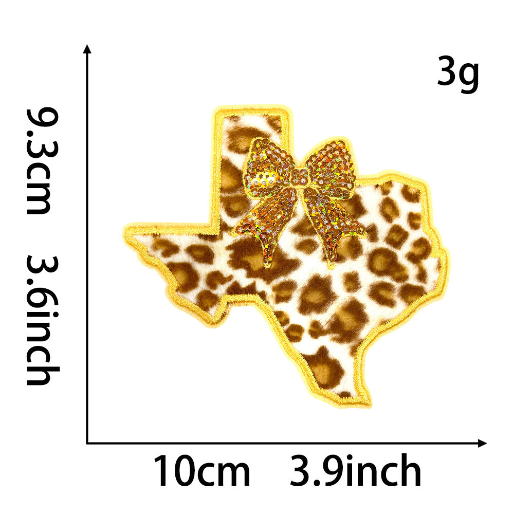 Wholesale Texas Shape Leopard Print Bow Sequin Embroidery Patch Trendy Coat Iron On Applique