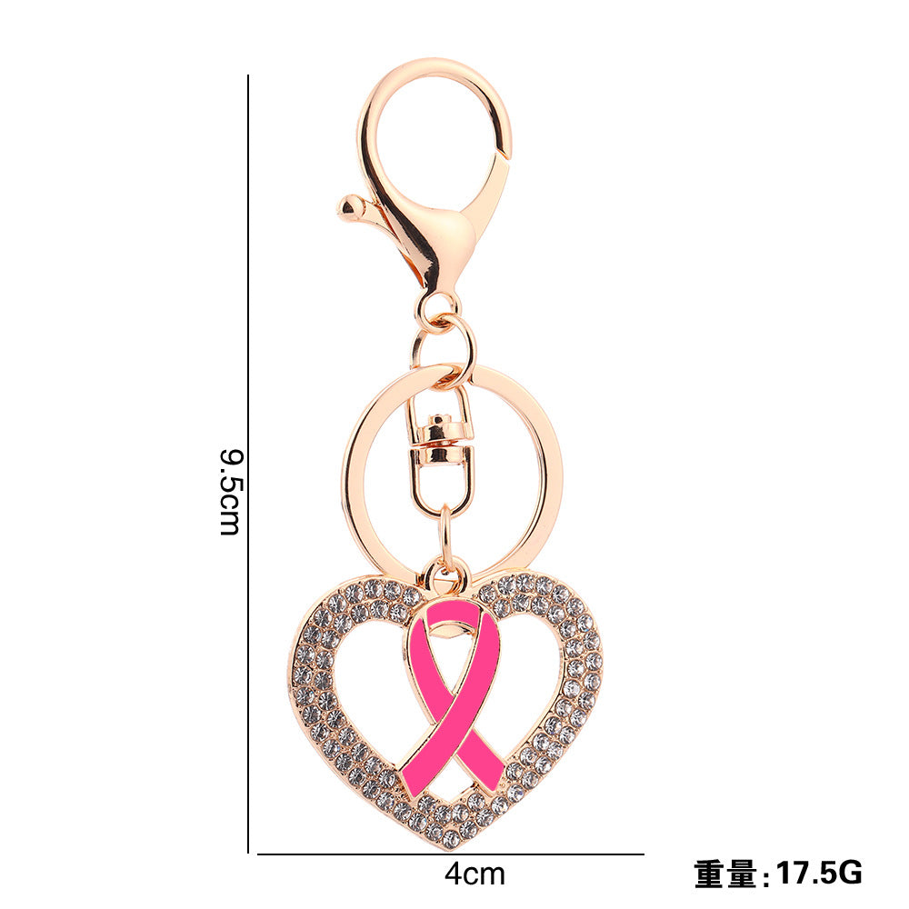 Wholesale Love Pink Ribbon with Water Diamond Metal Keychain