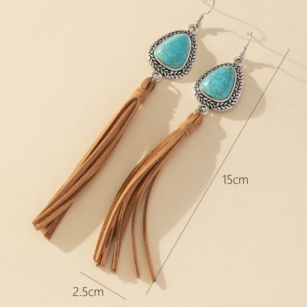 Wholesale Retro T-shaped turquoise tassel coffee-colored earrings