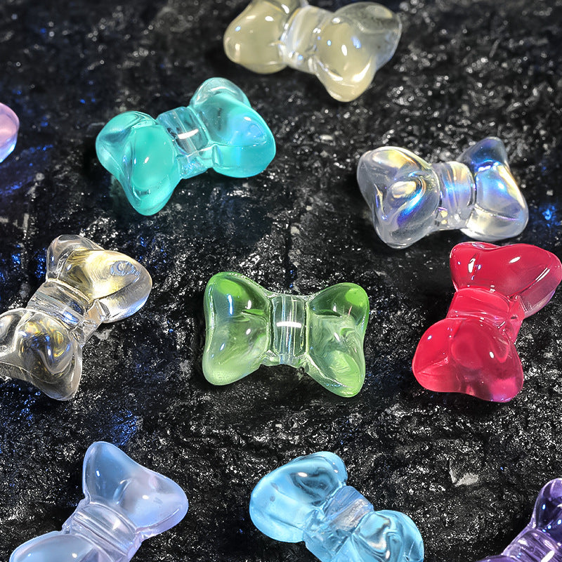Wholesale 100pcs Three-dimensional Glass Bow, Vertical Hole Translucent Glass DIY Beads