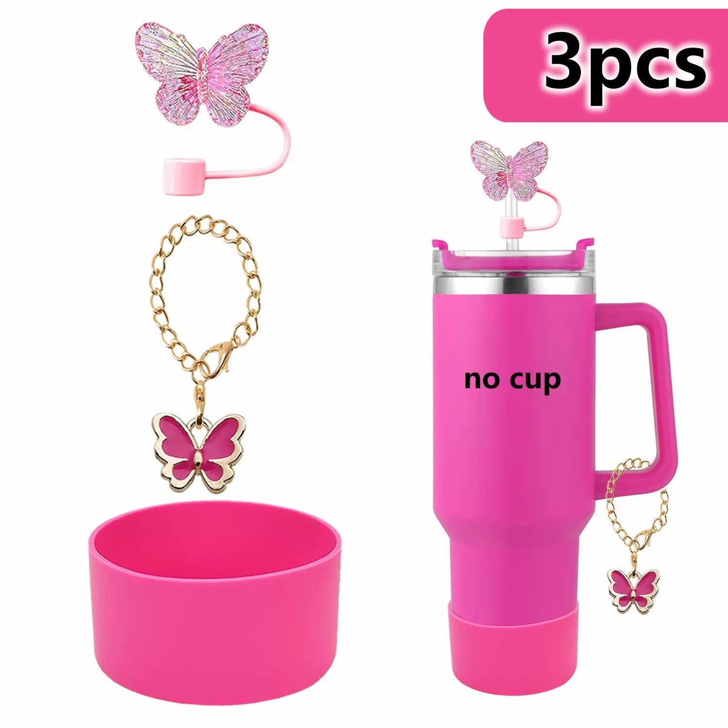 Wholesale Cup butterfly decorative straw cap silicone cup cover resin butterfly cup chain silicone cover 3-piece set