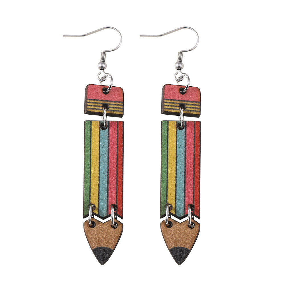 Wholesale Rainbow Pencil Double Sided Wooden Student Teacher Earrings