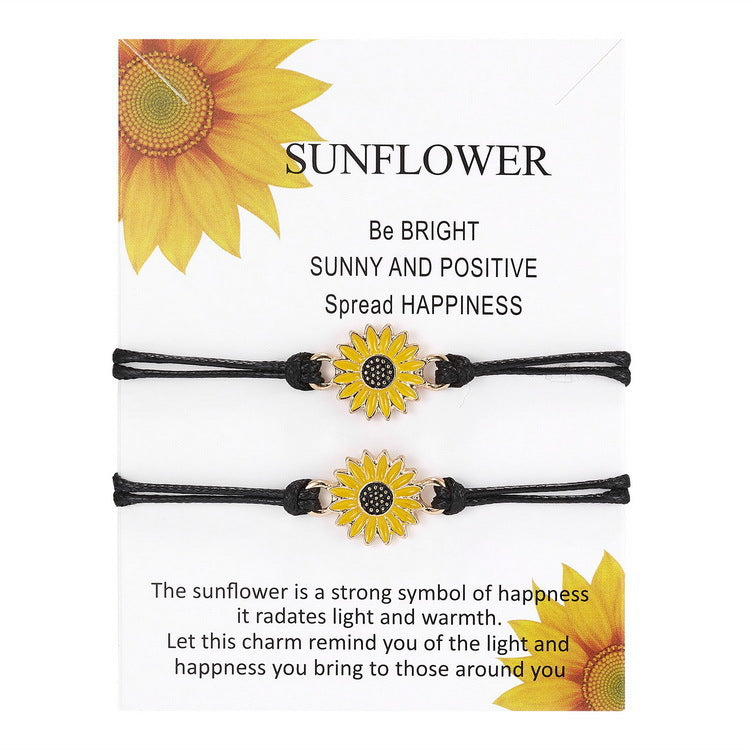 Wholesale Geometric 8-character Volcanic Stone Sunflower 2-piece Braided Adjustable Paper Card Bracelet