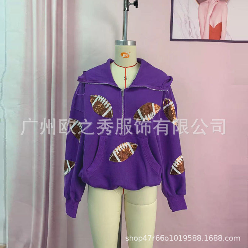 Wholesale Spring and Autumn Rugby Sequin Patchwork Hooded European and American Zipper Drawstring Long Sleeved Women Clothes