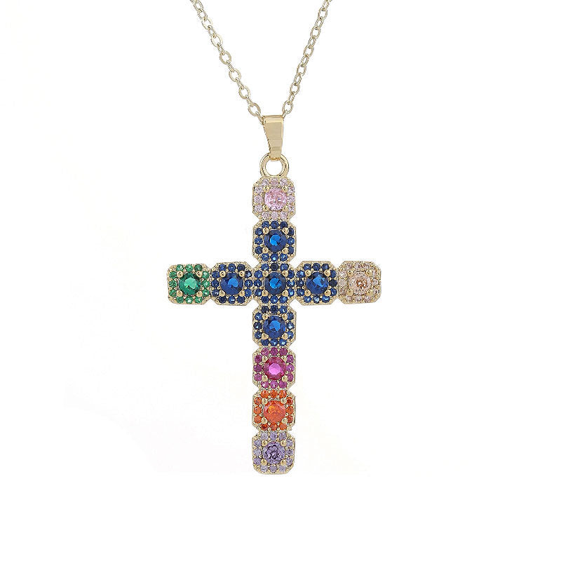 Wholesale Gut Light Luxury Copper Plated Real Gold Cross Necklace Super Flash Inlaid Zircon Ladies Necklace