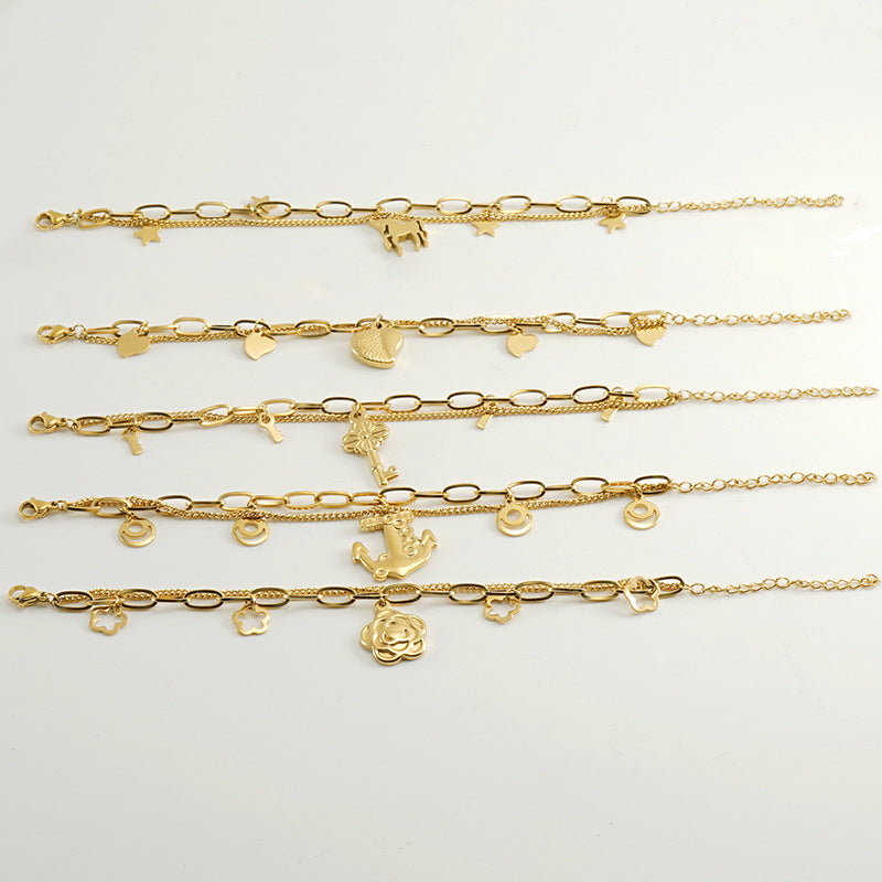 Wholesale Double Layer Titanium Steel Heart Shape 18K Multi-Layer Rose Bracelet