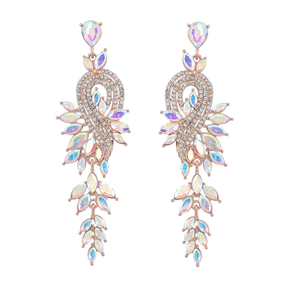 Wholesale Geometric tree leaf colored diamond earrings with inlaid rhinestones