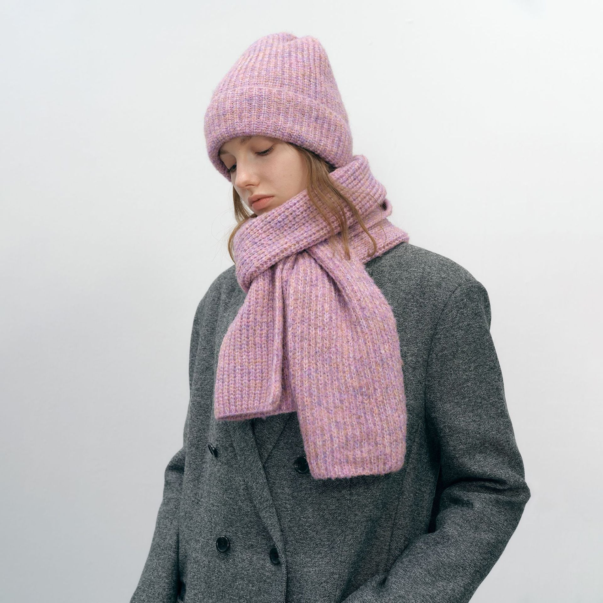 Wholesale Autumn and Winter Thickened Warm Mixed Color Knitted Hat and Scarf Two-piece Set