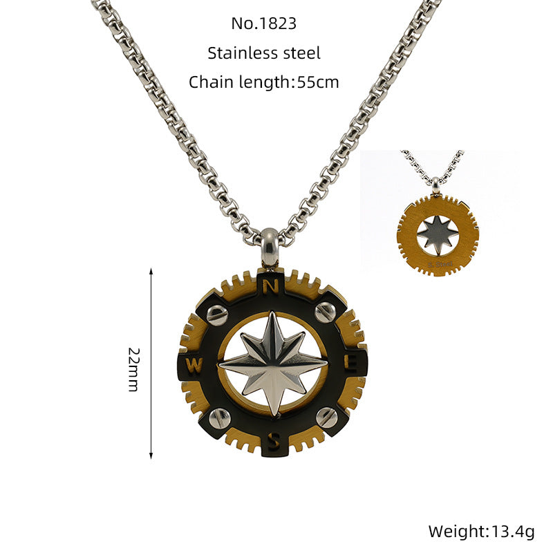 Wholesale Titanium steel round hollow compass vintage Baman star necklace