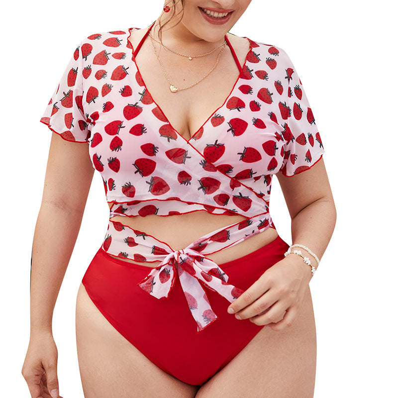 Wholesale Large Size Mesh Blouse Print Sexy Bikini Three-Piece Set Swimwear