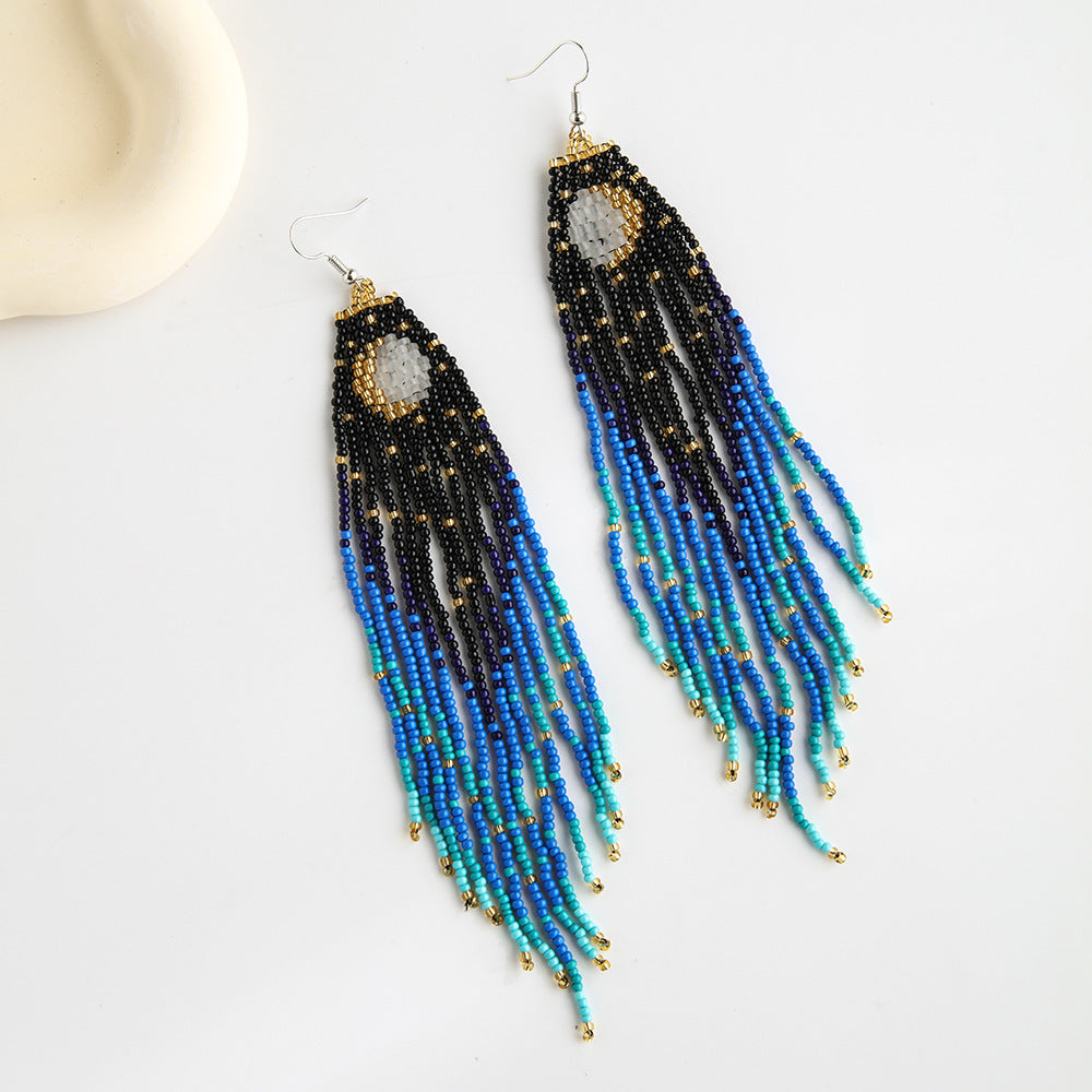 Wholesale Bohemian Handwoven Star Moon Series Rice Beads Tassel Earrings