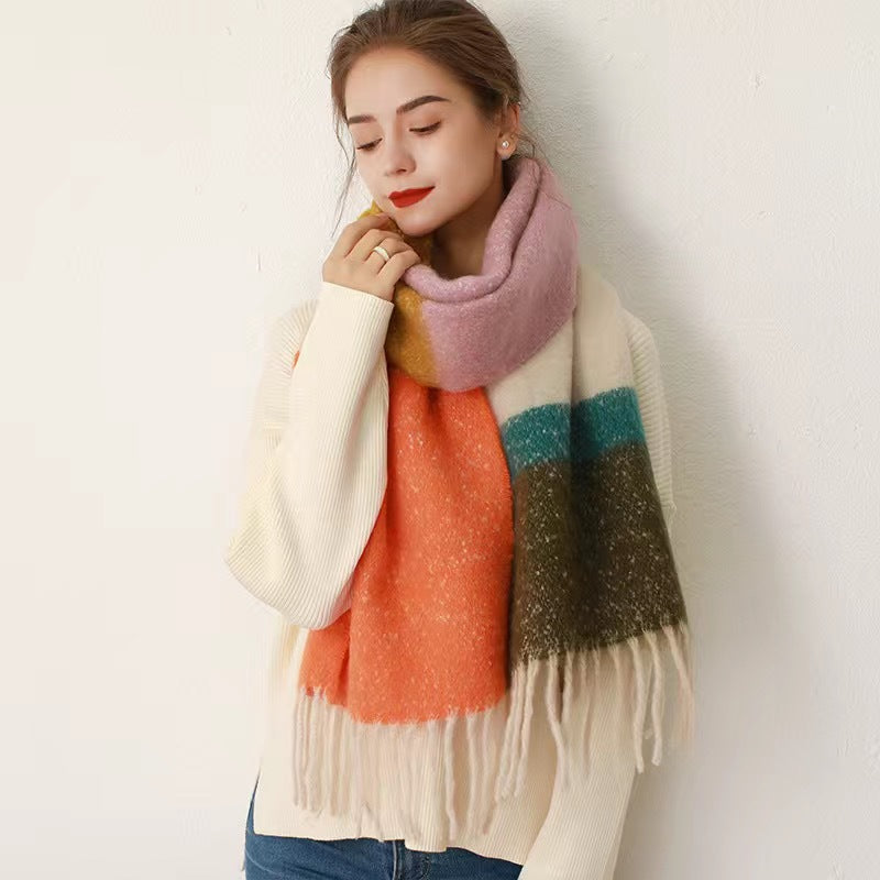 Wholesale New Contrast Striped Mohair Imitation Cashmere Thickened Tassel Scarf