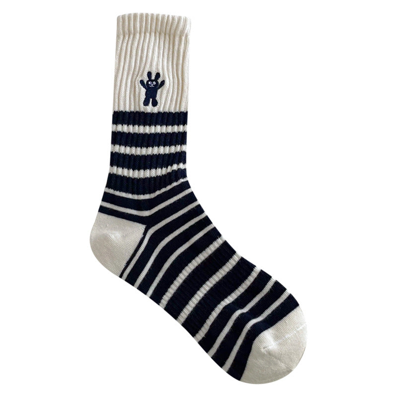 Wholesale Autumn and Winter Striped Embroidered Bunny Trendy Versatile Mid Length Socks
