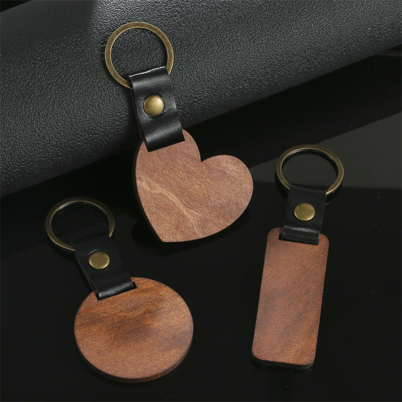 Manual al por mayor Diy Wood Leather Love Circle Keychain rectangular