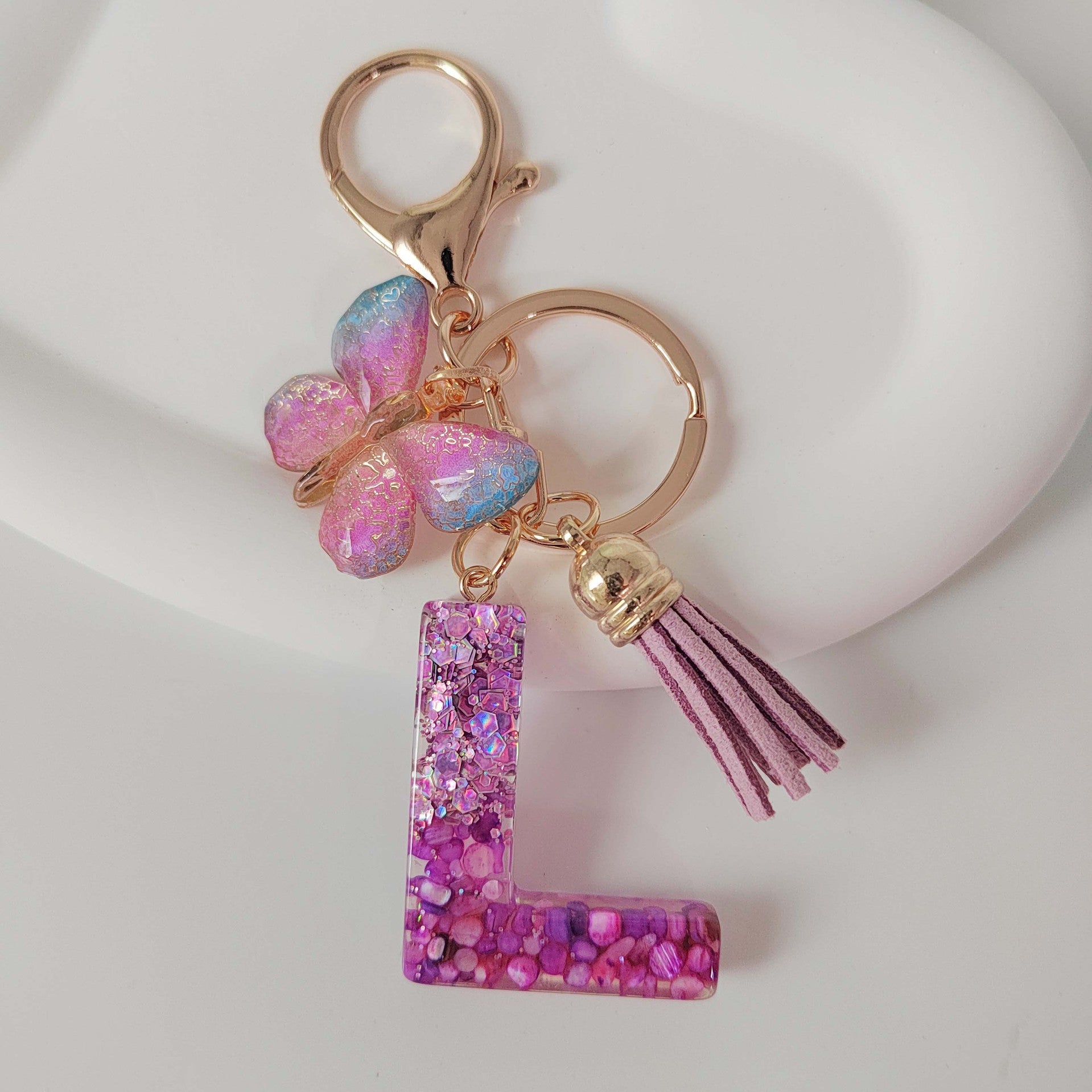 Wholesale Purple Illusion Color Double Glue Letter Glitter Tassel Keychain