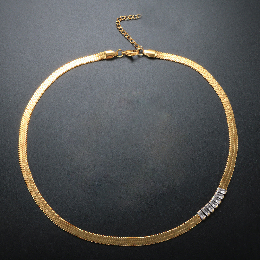 Wholesale 18K Gold Plated Zircon Stainless Steel Snake Bone Chain Necklace Bracelet Jewelry Set