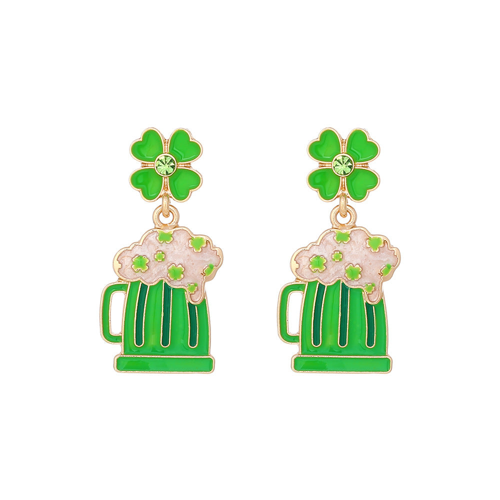Wholesale St. Patrick's Four-leaf Clover Alloy Oil-drip Diamond Beer Mug Earrings