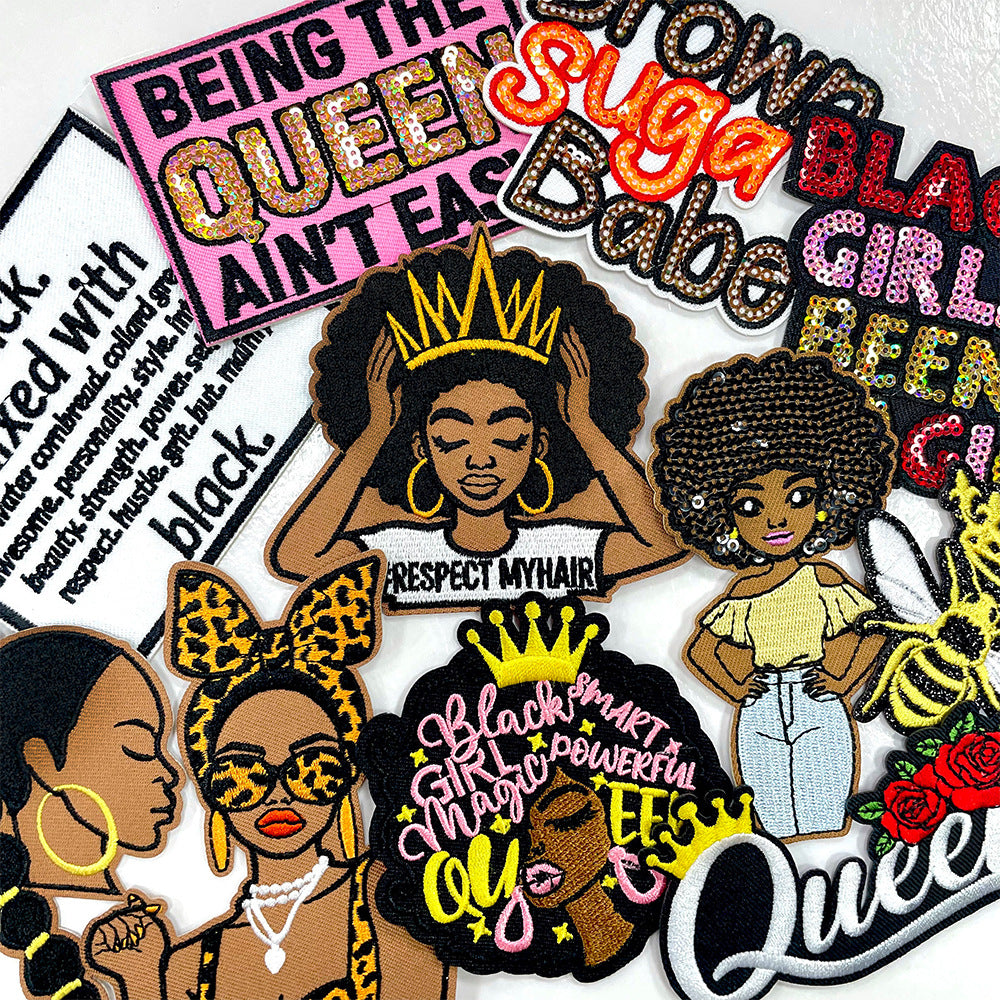 Wholesale Embroidered Iron On Patch Afro Black Girl Leopard Print Letter Design Decorative DIY Craft Supply For Shoes Hats Bags