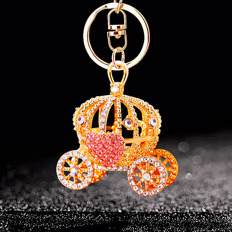 Wholesale Metal Rhinestone Pumpkin Carriage Keychain Bag Charm Pink Car Key Accessory Decorative Gift