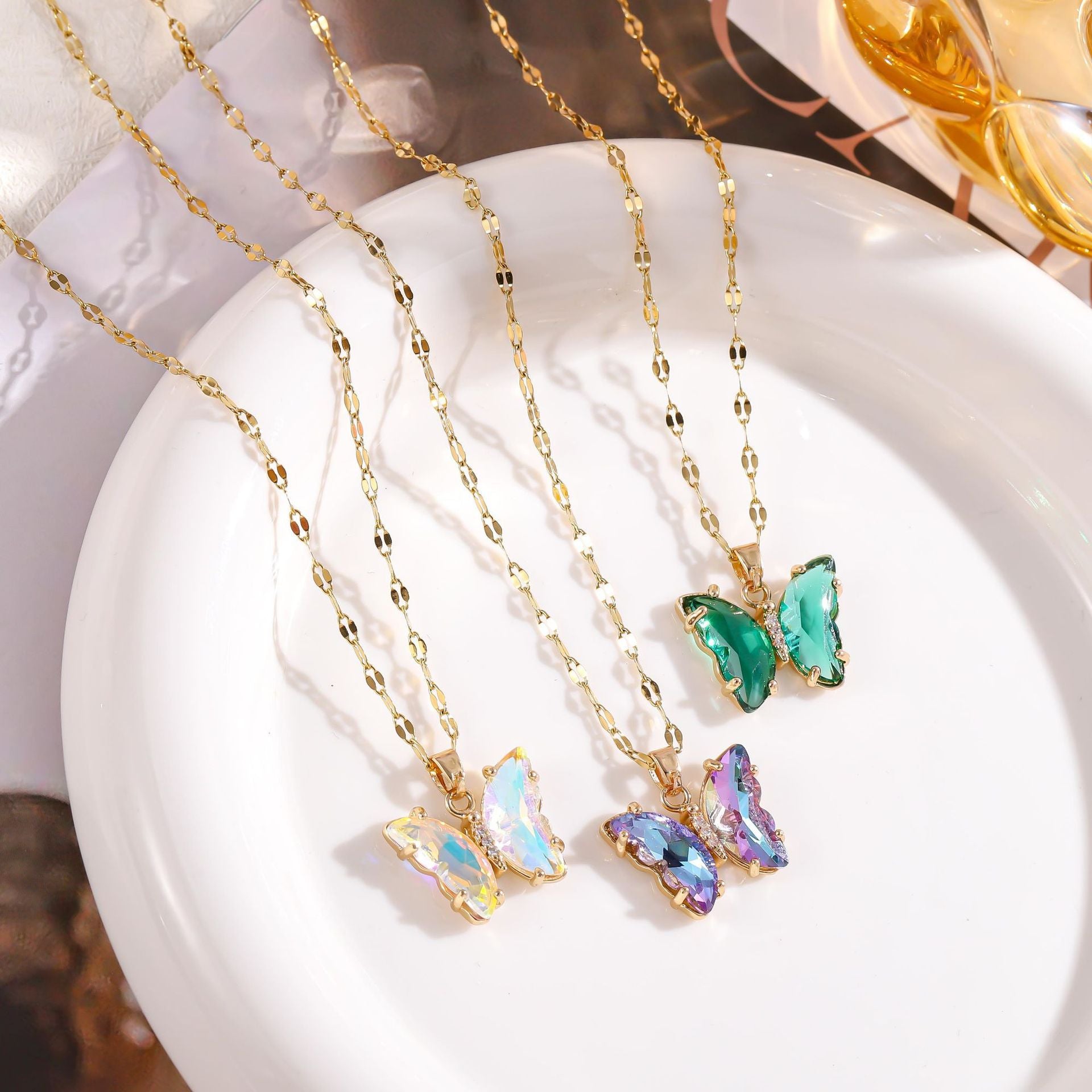 Wholesale Micropaved Zirconia Gradient Colorful Butterfly Necklace