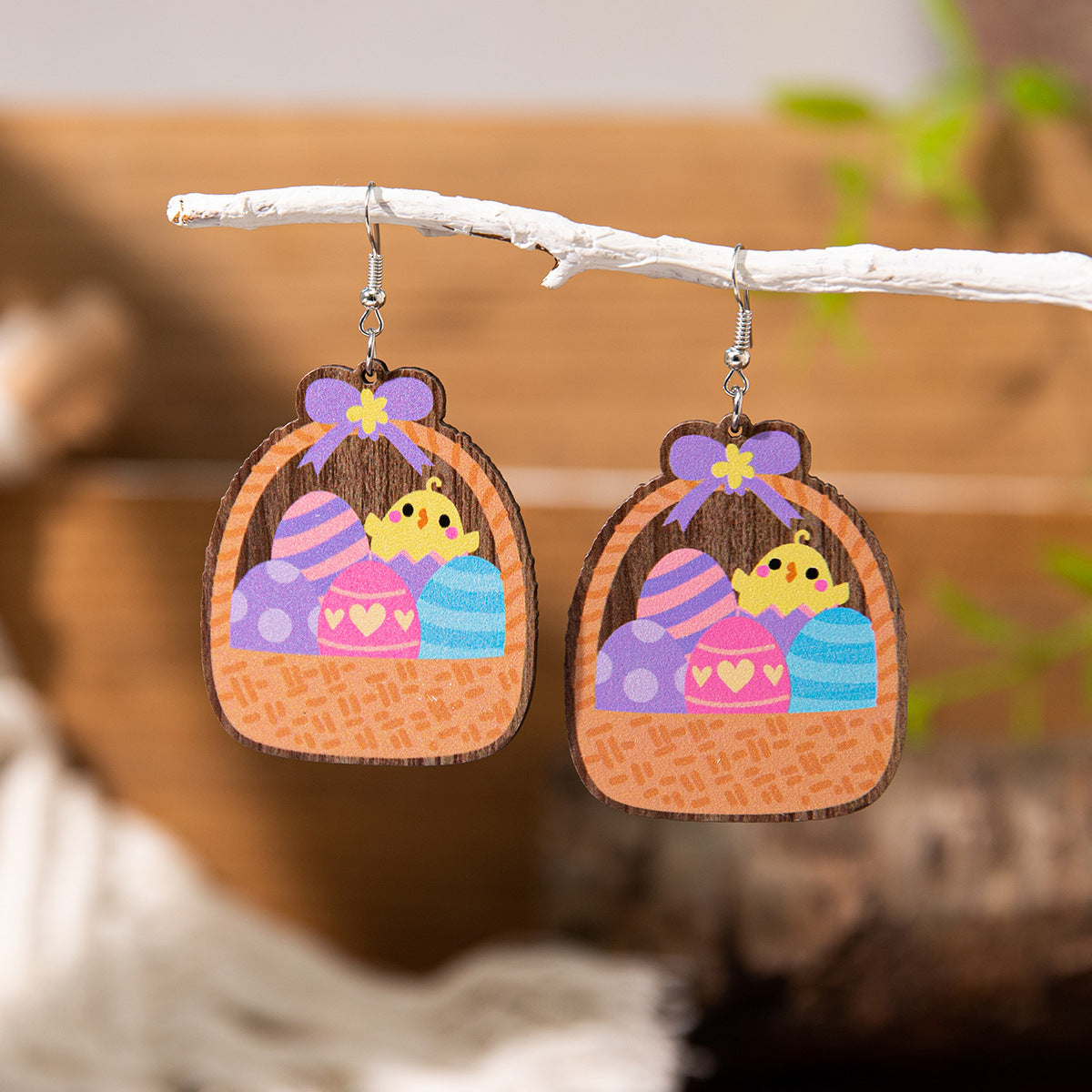 Wholesale Easter cartoon rabbit Easter egg Wood Earrings