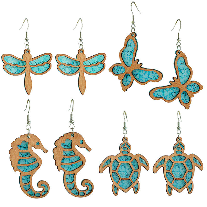 Wholesale 2 Pairs/Pack Summer Ocean Style Seahorse Butterfly Turtle Wooden Earrings