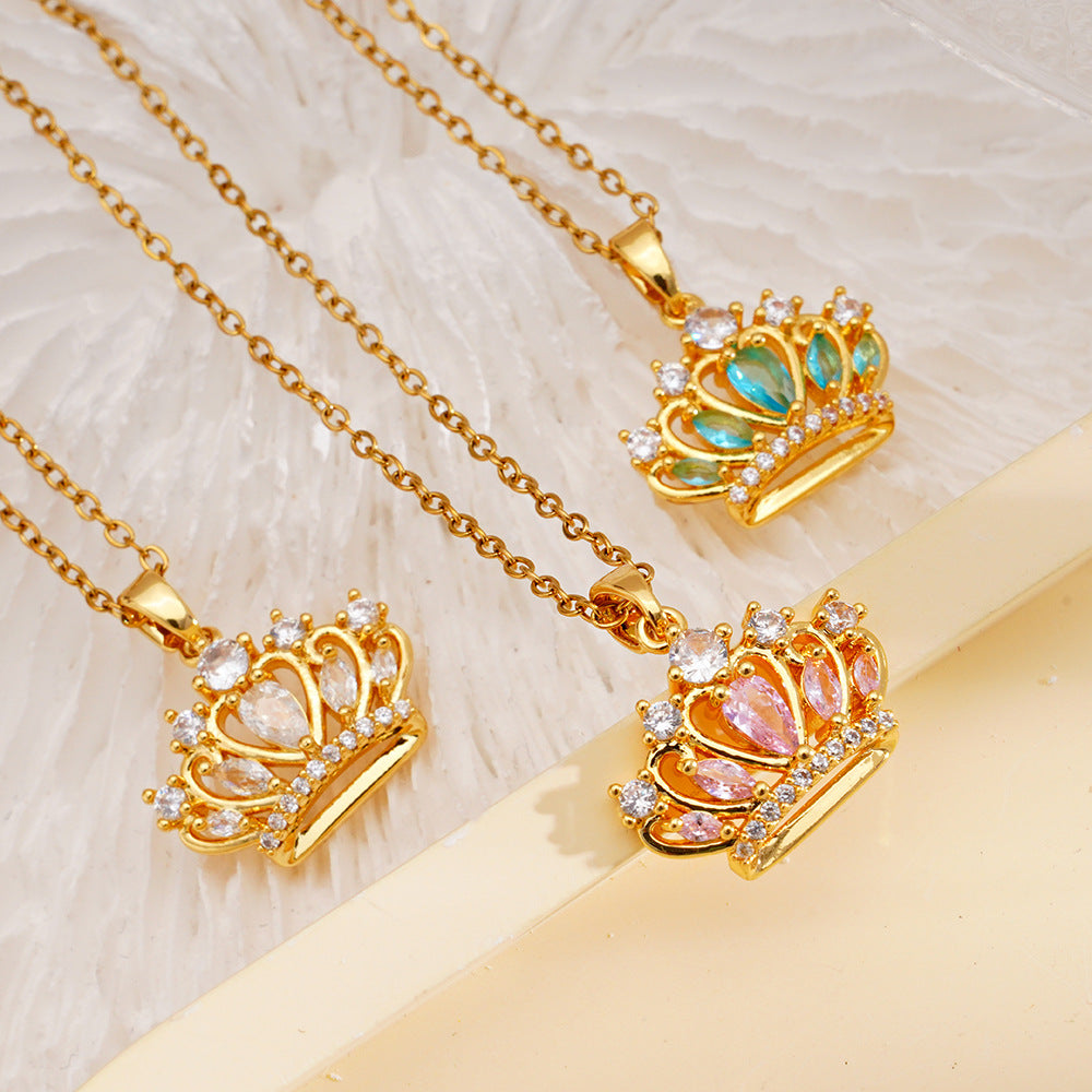 Wholesale Copper Inlaid Zircon Princess Crown Pendant Necklace Clavicle Chain