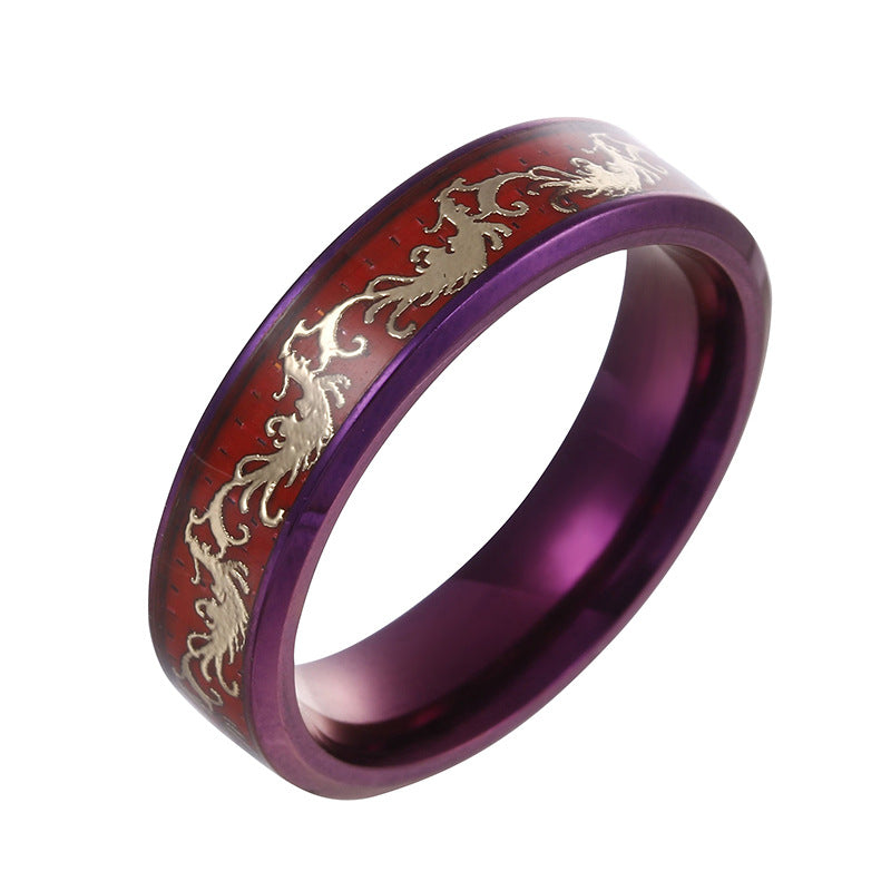 Wholesale 2024  Internet Popular Jewelry Inlaid with Dragon and Phoenix Pattern Purple Titanium Steel Ring Couple's Ring