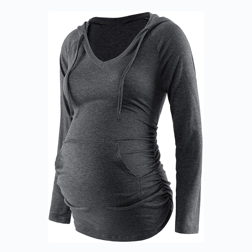 Wholesale V-neck Hooded Long Sleeved Polyester Tops for Pregnant Women