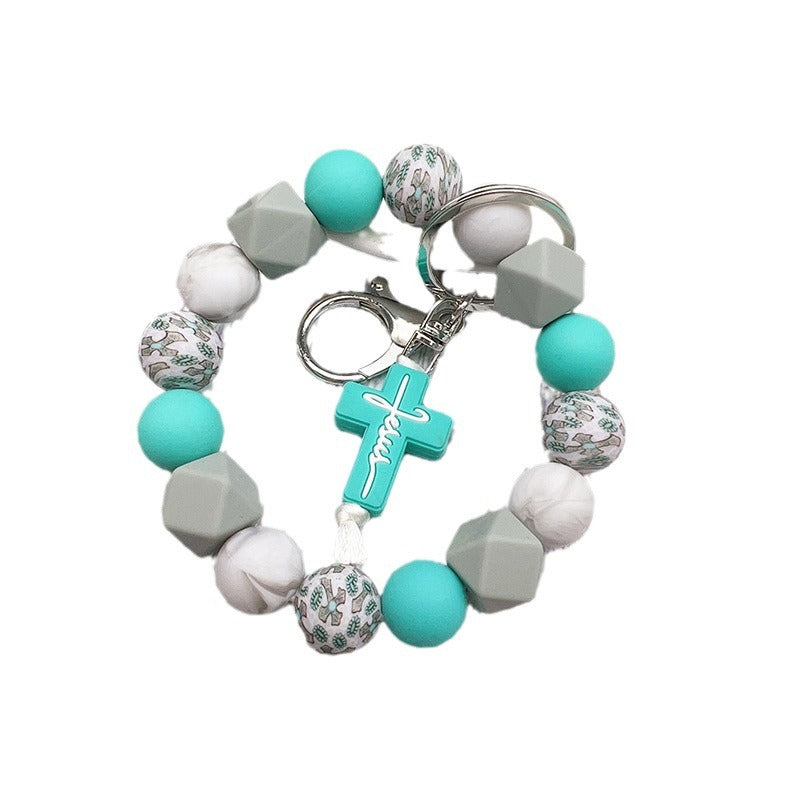 Wholesale Cross Silicone Beaded Keychain Cross Charm Bracelet Keyring Bag