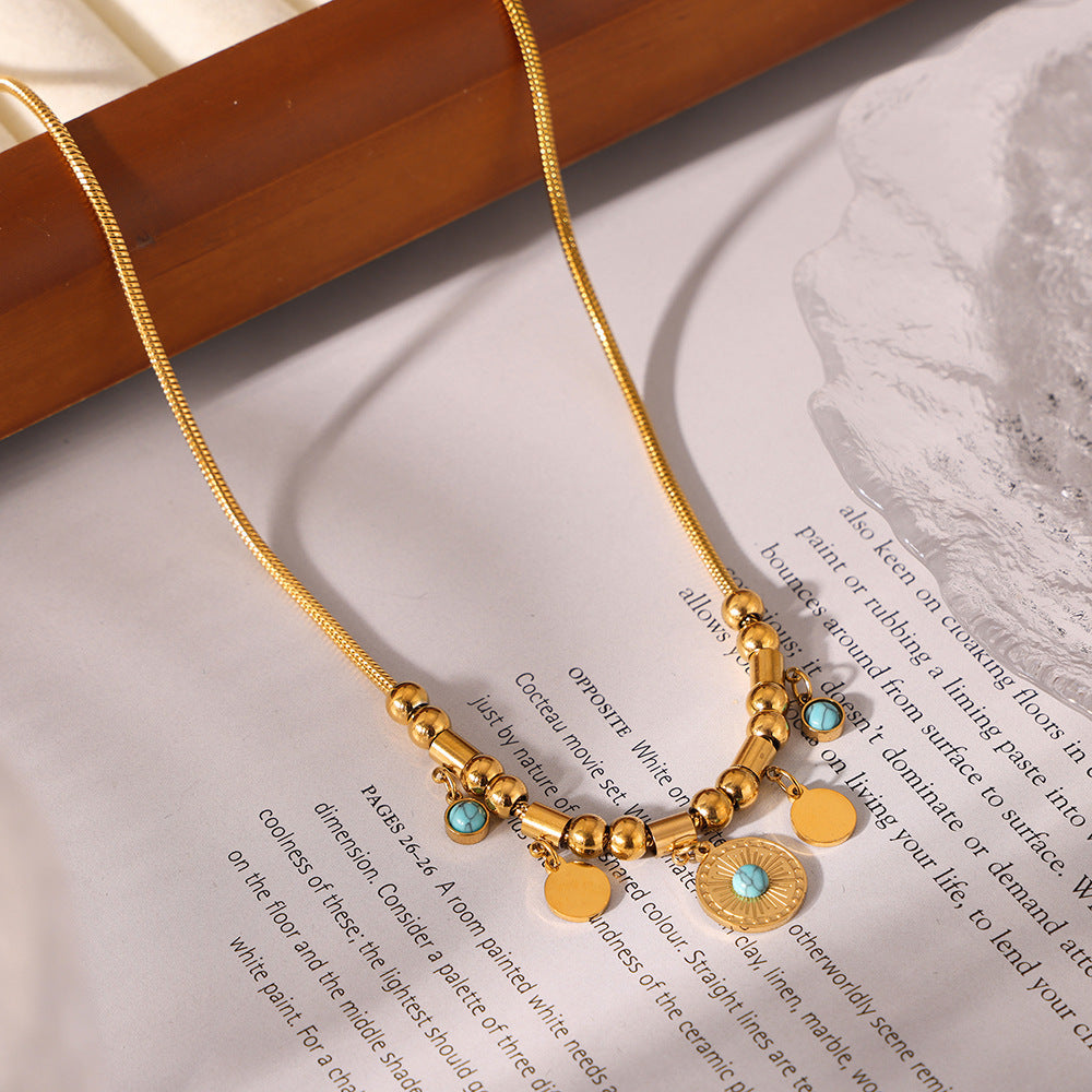 Wholesale Blue turquoise medal necklace titanium steel gold-plated bracelet