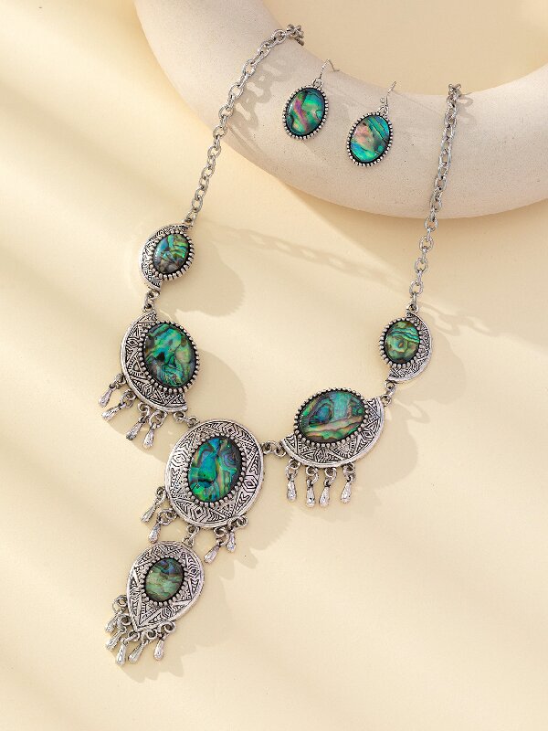 Wholesale Retro personality fashion oval flower abalone earrings necklace earrings