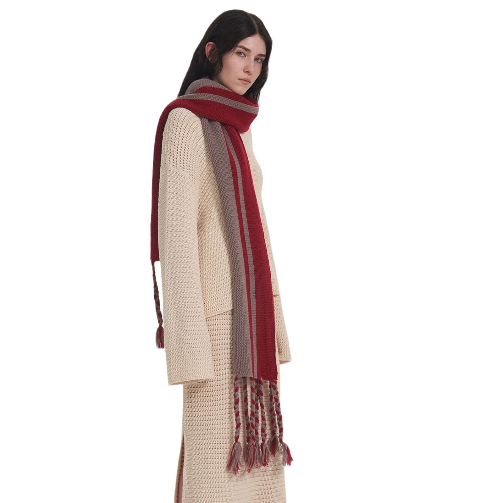 Wholesale Niche Geometric Striped Twist Tassel Knitted Scarf