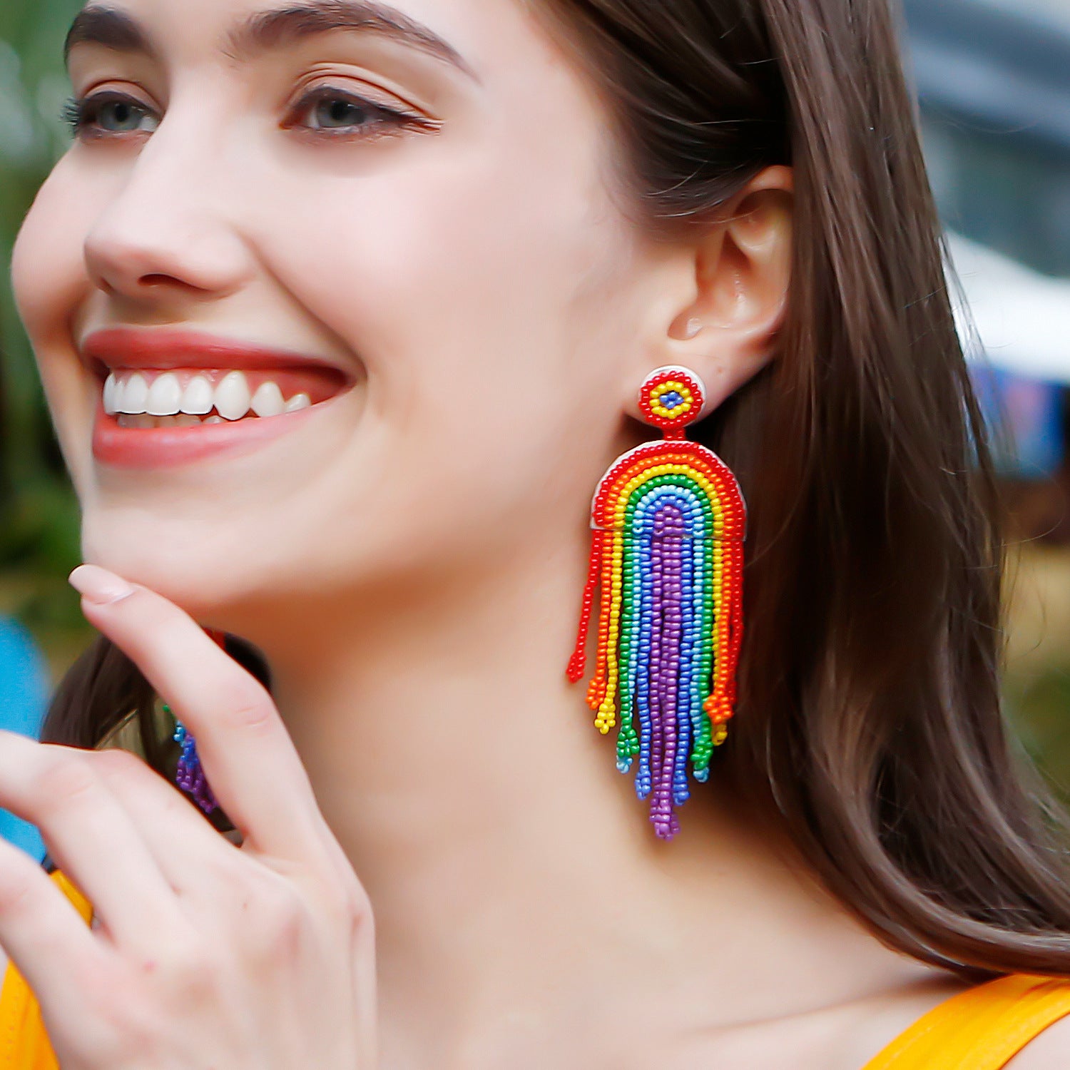 Wholesale Bohemian Tassel Rainbow Hand Woven Rice Bead Earrings