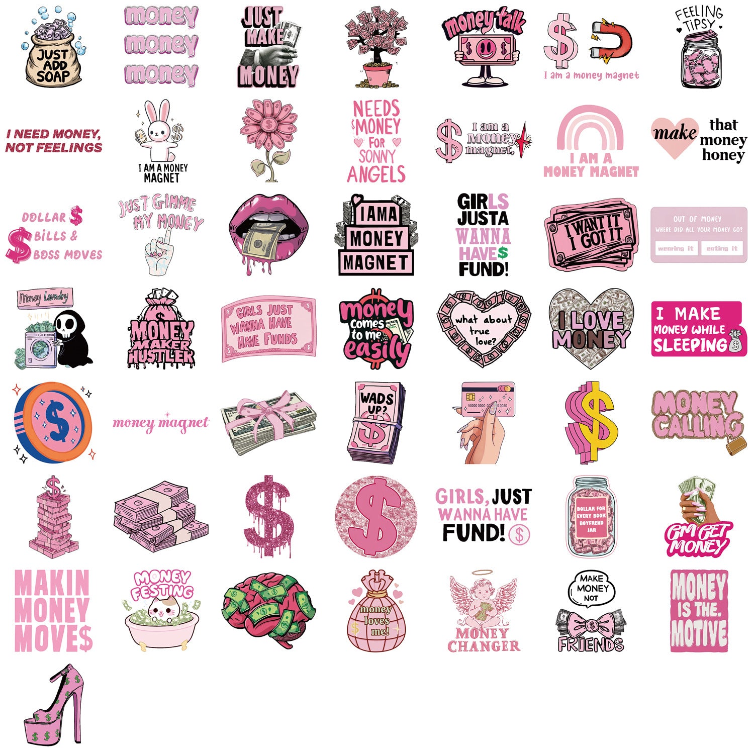 Wholesale 50pcs Cartoon Pink Money Series Graffiti Waterproof Stickers