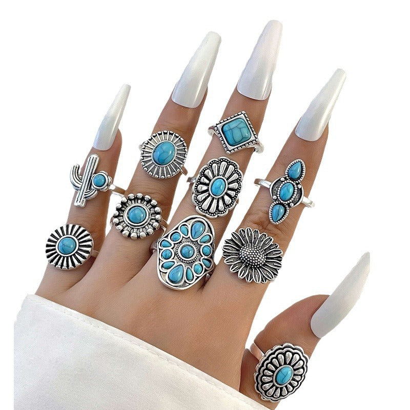 Wholesale Vintage Antique Turquoise Inlaid Exaggerated Ring suit Flower Crown Leaves Eagle Joint Ring Eight-piece Set