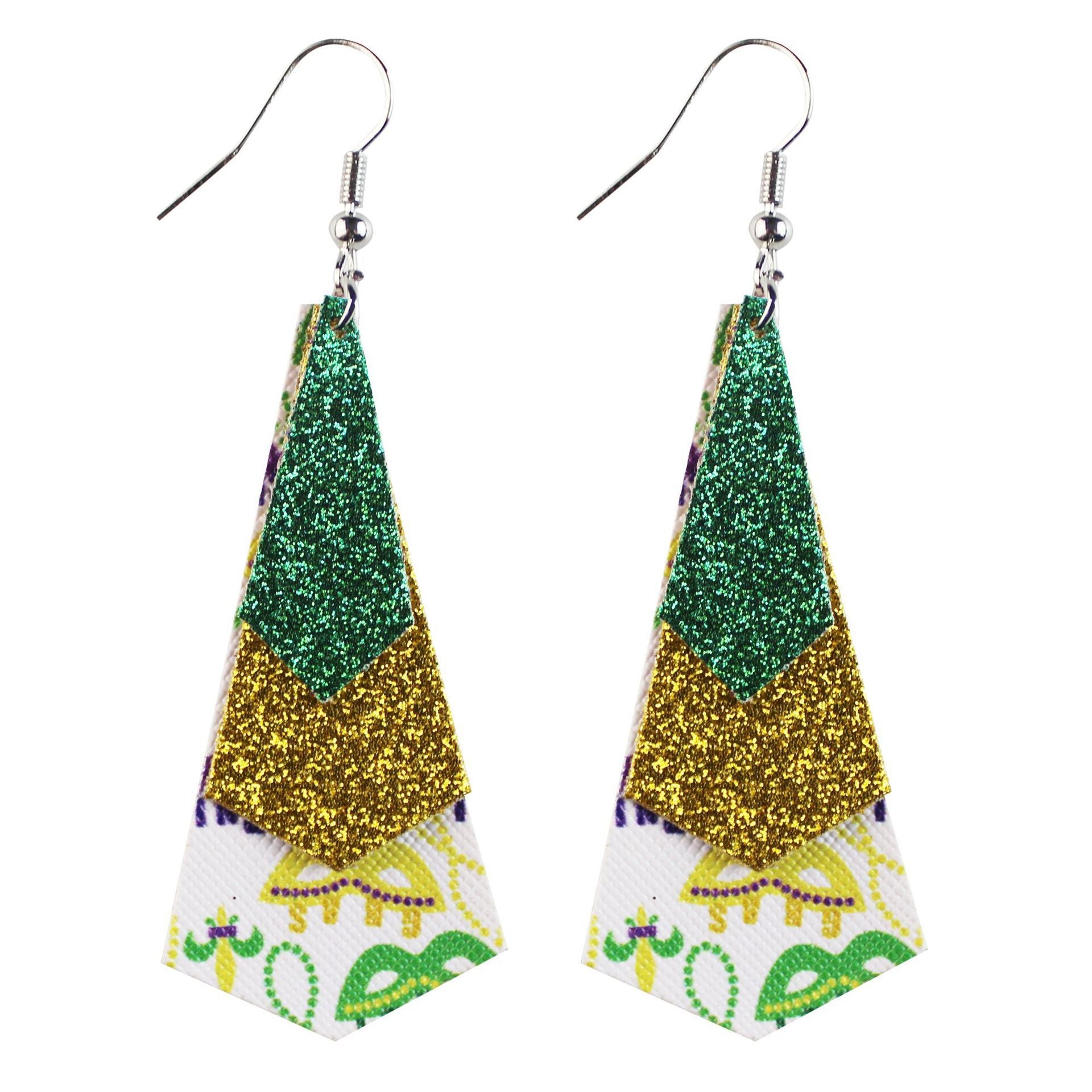 Wholesale Cross-grain single-sided print onion powder water drop three-layer leather earrings