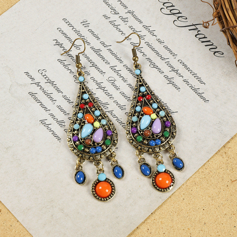 Wholesale Alloy Electroplated Retro Tassel Earrings For Women Ethnic Contrast Color Long Earrings Vacation Style Fashion Accessory