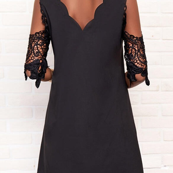 Wholesale Polyester Lace Lace Patchwork Half Sleeved Open Arm Loose V-neck A-line Dress Short Skirt