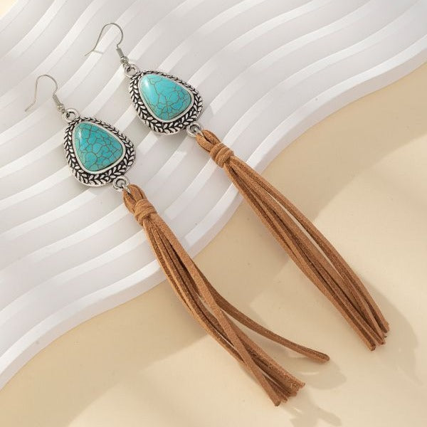 Wholesale Retro T-shaped turquoise tassel coffee-colored earrings