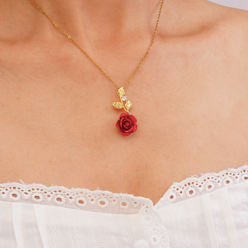 Wholesale Copper inlaid zircon rose crystal flower necklace