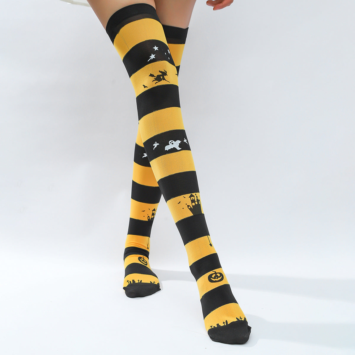 Wholesale Halloween Pumpkin Ghost Skeleton Spider Black and Yellow Striped Socks