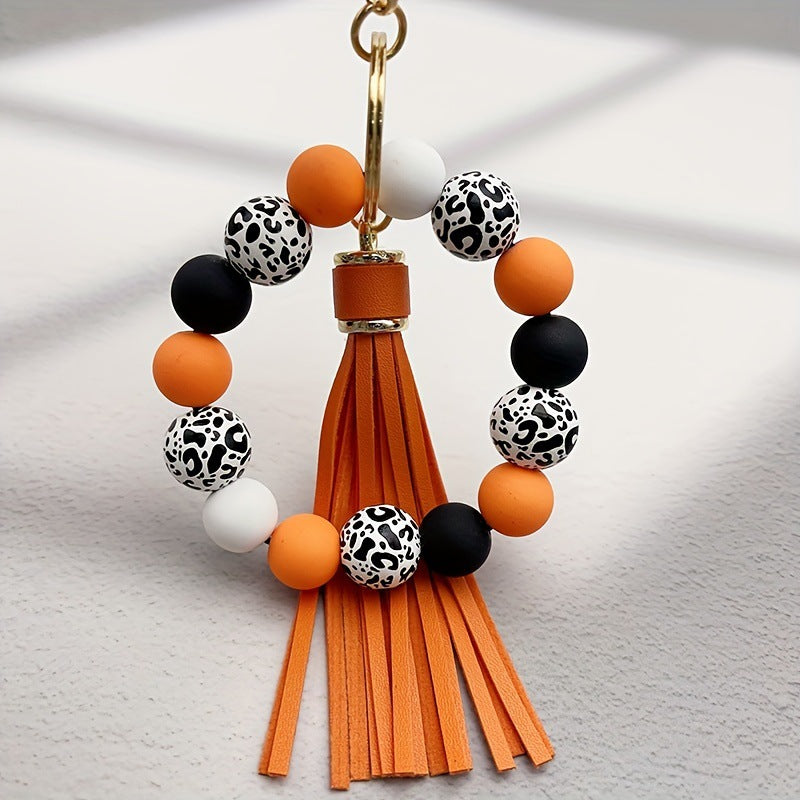 Wholesale 5pcs Leopard Print White Base Wood Beads Wristlet Keychain