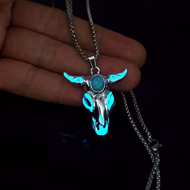 Wholesale Turquoise Skull Bull Head Stainless Steel Glowing Necklace