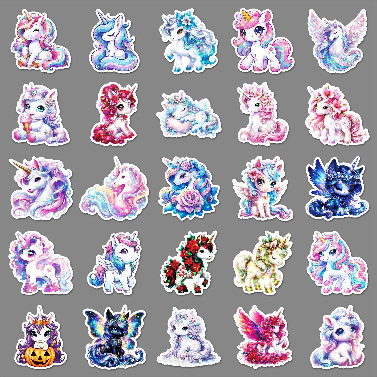 Wholesale 50pcs/ pack Glitter Laser Rainbow Horse Unicorn Stickers