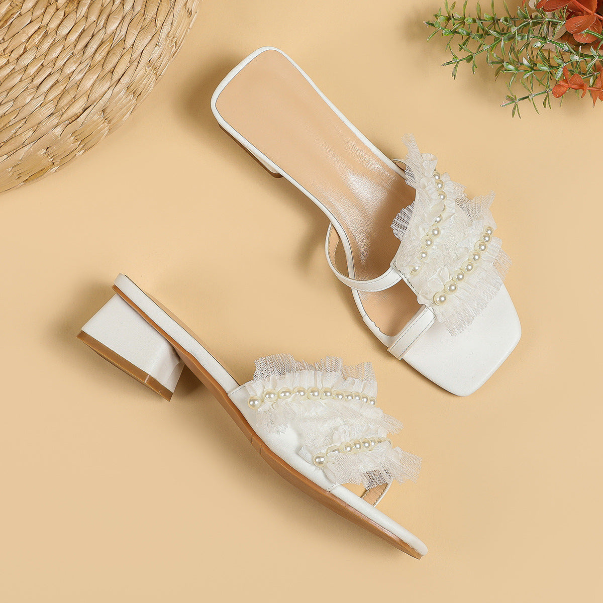 Wholesale PU Chunky Heel Open Toe Slippers