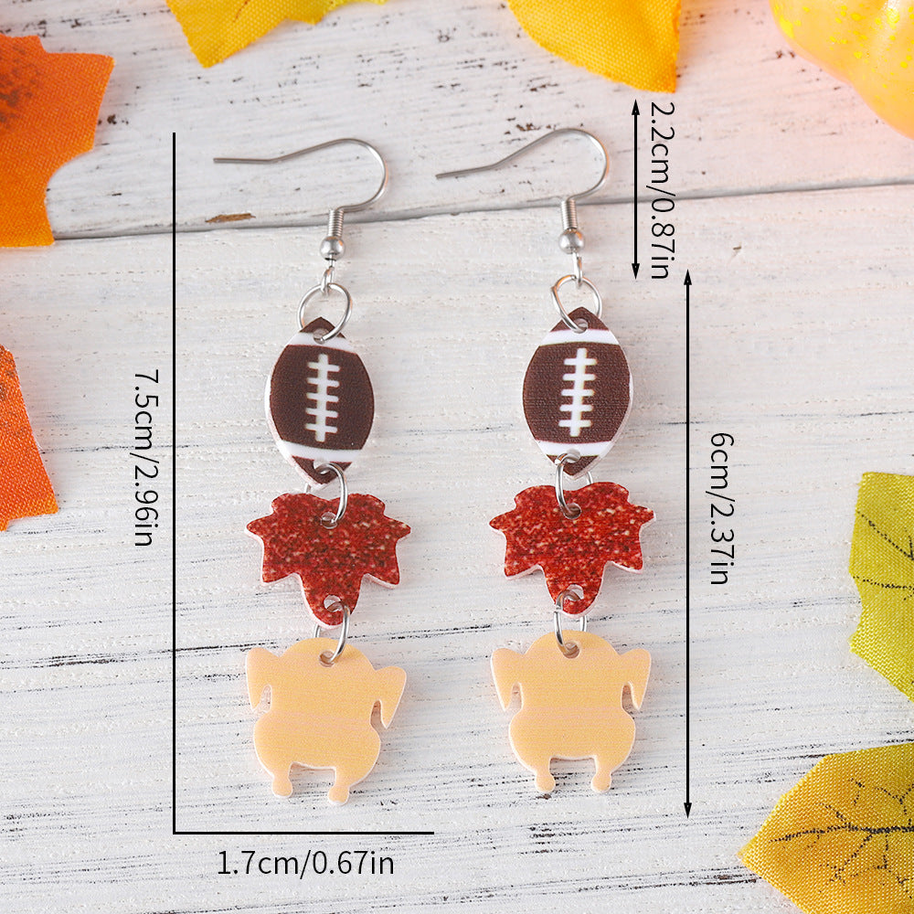 Wholesale Autumn Rugby Maple Turkey Triple Pendant Earrings